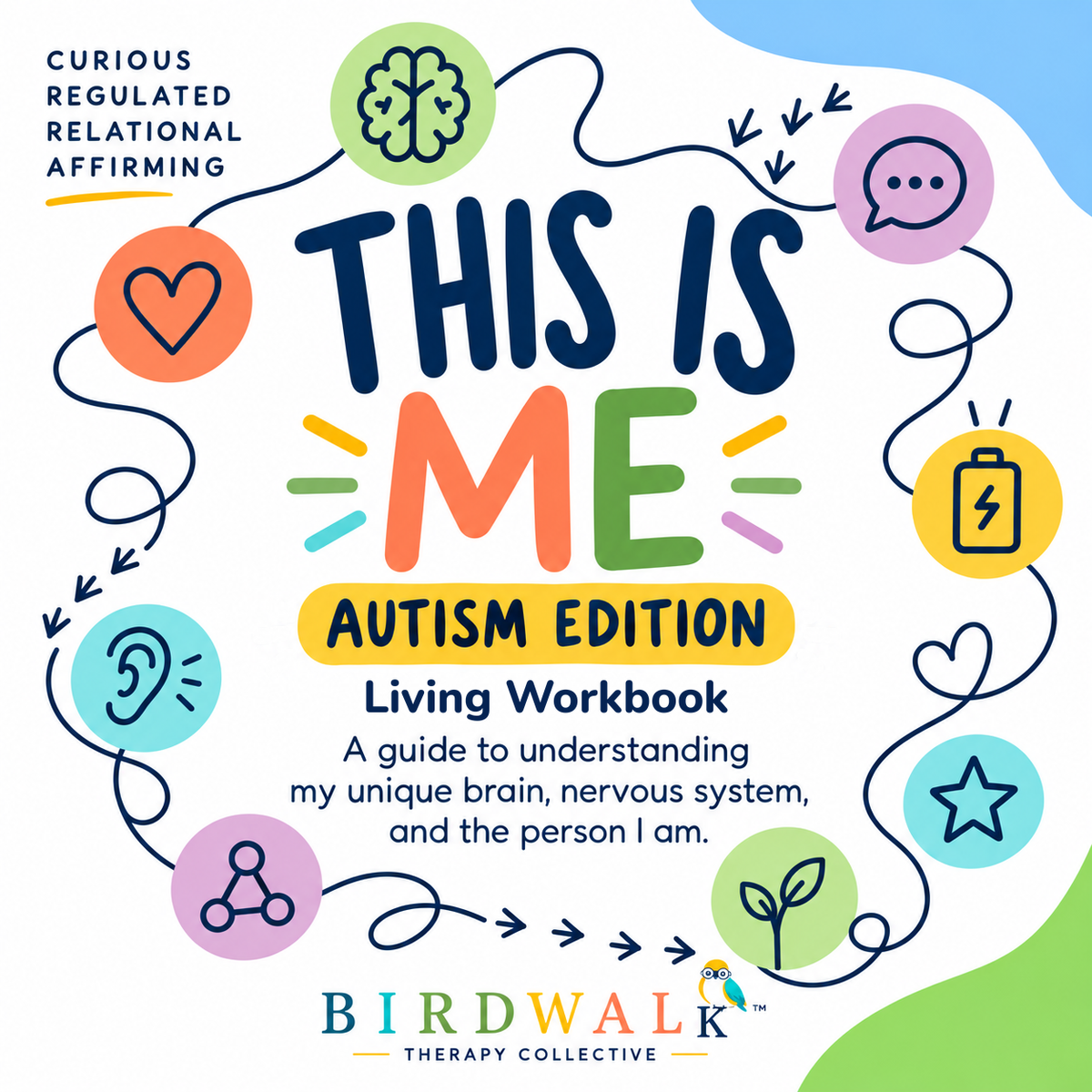 THIS IS ME Autism Edition living workbook cover with colorful illustrations and Birdwalk Therapy Collective branding, arranged to fill a square.