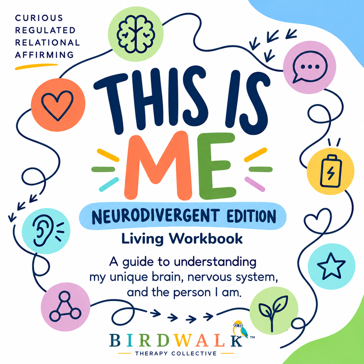 THIS IS ME Neurodivergent Edition living workbook cover with colorful illustrations and Birdwalk Therapy Collective branding, arranged to fill a square.