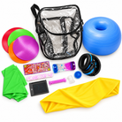 Large clear backpack with black trim, a blue inflatable ring ball, and an example assortment of sensory tools on a white background. Actual contents vary.