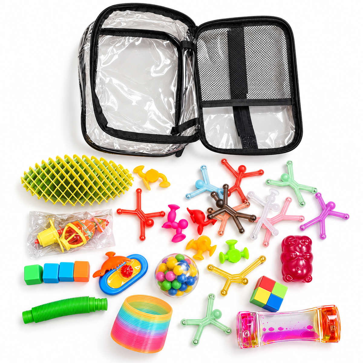 Small clear handled travel tote with black trim and an example assortment of colorful sensory toys and fidgets on a white background. Actual contents vary.