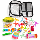 Small clear handled travel tote with black trim and an example assortment of colorful sensory toys and fidgets on a white background. Actual contents vary.