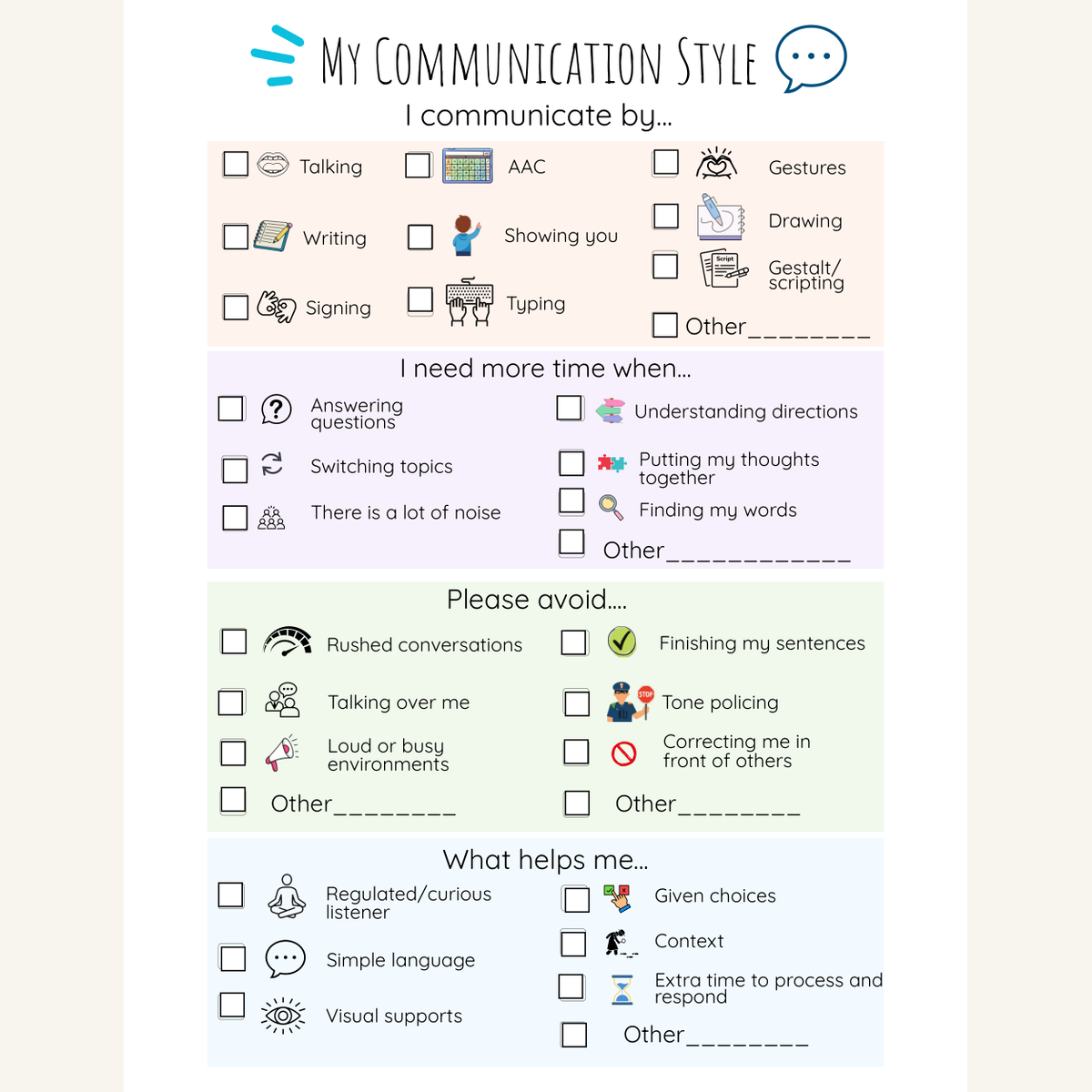 Full sample page 11 from the THIS IS ME workbook: My Communication Style, with blank checkboxes and response areas.